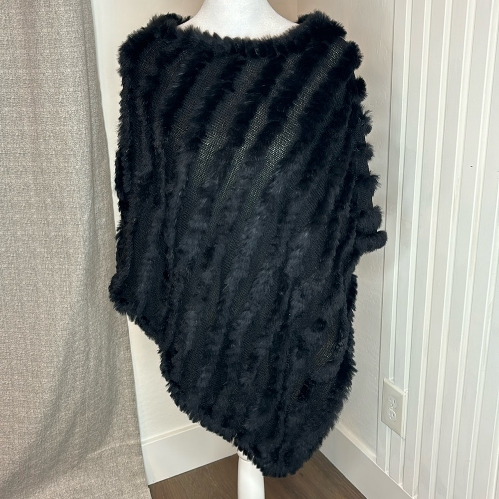 Genuine Rabbit Fur Poncho in Black